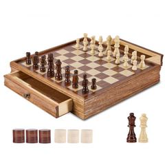 VEVOR Σετ σκακιού από μασίφ ξύλο, Σετ παιχνιδιών Chess Checkers 15 ιντσών 2-ΣΕ-1, Επιτραπέζια παιχνίδια σκακιού με συρτάρι αποθήκευσης & ζυγισμένα κομμάτια πούλια σκακιού & 2 βασίλισσες, για ενήλικες