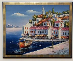 Ελαιογραφία παραθαλάσσιου ελληνικού τοπίου, λάδι σε καμβά