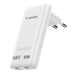 Verbatim Φορτιστής Χωρίς Καλώδιο GaN με 2 USB-C 65W Λευκός (Fold 'n' Go)