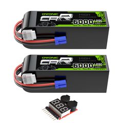 2 x OVONIC 6S Battery 6000mAh 22.2V 120C Lipo Battery with EC5 Connector & Lipo Voltage Checker for 1/8 Scale RC Car & Truck Boat RC Airplane RC Racing