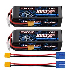 2-Pack Ovonic 22.2V 120C 6S 8000mAh LiPo Battery with XT60 Plug & EC5 Adapter for RC Airplanes, EDF Jets, and 1/8 Scale Vehicles