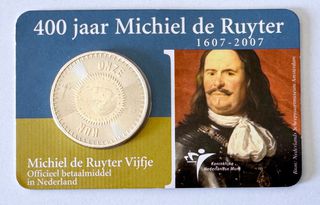 Ολλανδία 2007, 5 ευρώ, 400 jaar Michiel de Ruyter in Coincard, ασημί, UNC