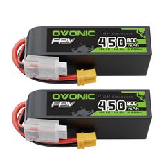 2 x OVONIC 14.8V 80C 450mAh 4S Lipo Battery Long Size with XT30 Plug for 90-150mm Quadcopters FPV Cinewhoop Toothpick Drones