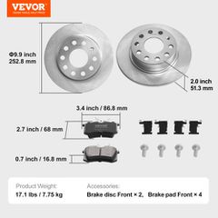 VEVOR Rear Brake Kit Συμβατό με Audi A3 (8P), VW Golf 5 6, Seat LEON, SKODA OCTAVIA, ALTEA, Κιτ αντικατάστασης κεραμικών τακακιών φρένων ρότορες φρένων, Πίσω ρότορες 253 mm-thumb-6