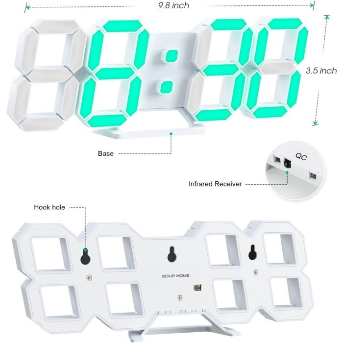EDUP EH-LED1319 3D LED Wall Clock 9.5 - Remote Control Digital Nightlight