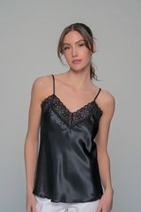 Σατέν Lingerie Top με Δαντέλα - Μαύρο