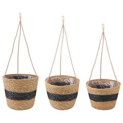 vidaXL Hanging Plant Pot 3 τμχ. Φυσικό και Μαύρο Ø26 x 19 εκ.