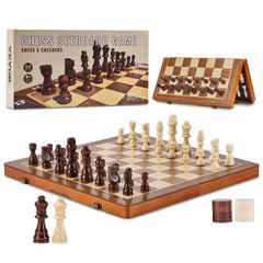 VEVOR Magnetic Wooden Chess Set, 15 inch/38,1 cm 2-IN-1 Chess Checkers Set, Πτυσσόμενα επιτραπέζια παιχνίδια σκακιού για ενήλικες Παιδιά, 2 Queens φορητό σετ σκακιού δώρου ταξιδιού για τουρνουά Επαγγε