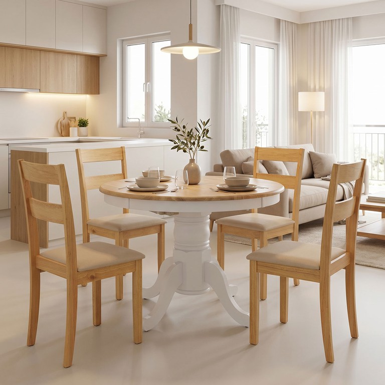 Τραπεζαρία Dallan Lars 5τεμ λευκό με φυσική απόχρωση rubberwood Φ100(+38)x100x75εκ
