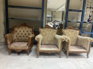 3 Vintage Πολυθρόνες Μπαρόκ (Σκαλιστό Ξύλο) – Για Αναπαλαίωση