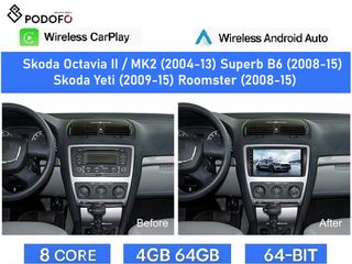 Skoda Octavia Yeti Roomster Superb (2004-2014) Android Car Radio 10.1" 4+64GB Ασύρματο CarPlay & Aσύρματο Android Auto GPS WiFi DSP