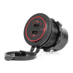 Amio - ΠΡΙΖΑ ΜΕ 2 ΘΥΡΕΣ USB-C ΜΕ ΔΙΑΚΟΠΤΗ ΚΑΙ ΚΑΠΑΚΙ 12/24V ΑΔΙΑΒΡΟΧΗ ΜΕ ΚΟΚΚΙΝΟ LED ΦΩΣ ΜΑΥΡΗ - 1 Τεμ. (04224/AM)