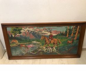 Χειροποίητο Gobelin Κυνηγετική Σκηνή – Vintage Κέντημα σε Ξύλινη Κορνίζα