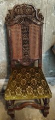 Vintage Victorian Σκαλιστή Καρέκλα Αντίκα με Ψάθα & Βελούδινο Κάθισμα