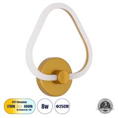 Μοντέρνα επιτοίχια απλίκα LED kelvo® REGINA 8W 960lm 360° AC 220-240V IP20 ρυθμιζόμενο λευκό CCT με εναλλαγή χρωμάτων 2700K/4500K/6000K χρυσό 25x7x28.5cm