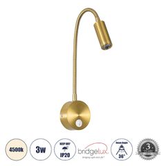 Επιτοίχια απλίκα reading light LED GLOBOSTAR® GOOSE 3W 300lm 36° AC 220-240V IP20 φυσικό λευκό 4500K CREE XPE chip σατινέ χρυσό βούρτσας 6.5x15x24.5cm