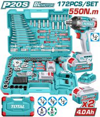 Μπουλονόκλειδο Μπαταρίας TOTAL Li-ion 20V / 550Nm με 2 Μπαταρίες 4Ah Σέτ 172 τεμαχίων Επαγγελματικό ( THKTHP41728E )
