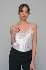 Σατέν Lingerie Top με Δαντέλα - Ιβουάρ