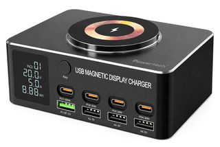 POWERTECH σταθμός φόρτισης PT-1625 με οθόνη, 4x USB/4x USB-C/wireless, 140W, μαύρος