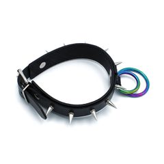 Black Leather Spiked Collar Double Rainbow O-Ring-thumb-1