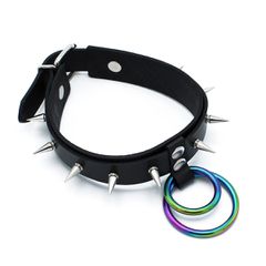 Black Leather Spiked Collar Double Rainbow O-Ring-thumb-7