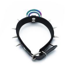 Black Leather Spiked Collar Double Rainbow O-Ring-thumb-2