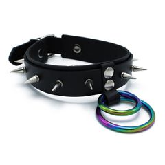 Black Leather Spiked Collar Double Rainbow O-Ring-thumb-6