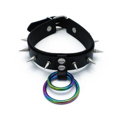 Black Leather Spiked Collar Double Rainbow O-Ring-thumb-5