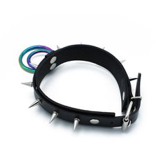 Black Leather Spiked Collar Double Rainbow O-Ring-thumb-3