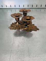 Vintage Μπρούτζινο Τριπλό Κηροπήγιο / Ορειχάλκινο Επιτραπέζιο Διακοσμητικό με Φύλλα