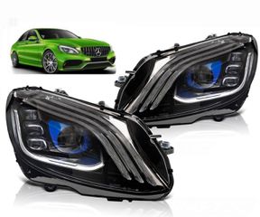 ΦΑΝΑΡΙΑ ΕΜΠΡΟΣ LED tuning headlight set Mercedes C-Class W205 sedan, S205 estate 2014-2021 with black base, featuring dynamic indicators, with "Welcome" function, left and right