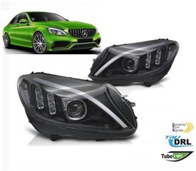 ΦΑΝΑΡΙΑ ΕΜΠΡΟΣ LED headlight set Mercedes C-Class W205 2014-2018 with black base, left and right, for the model with standard halogen headlights