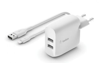 BELKIN WCD001vf1MWH Dual USB-A Wall Charger w/ 1M PVC A-LTG, 24W, WHT