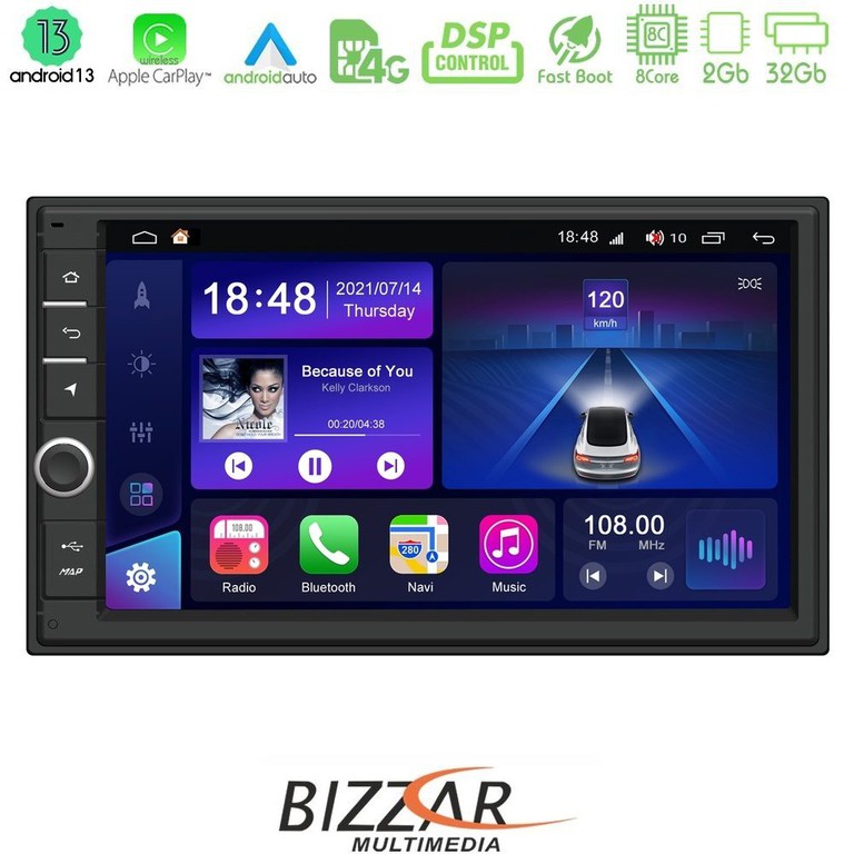 BIZZAR U-QG839A1 2DIN Deck 8core Android13 2+32GB Navigation Multimedia Deckless 7" με Carplay/AndroidAuto