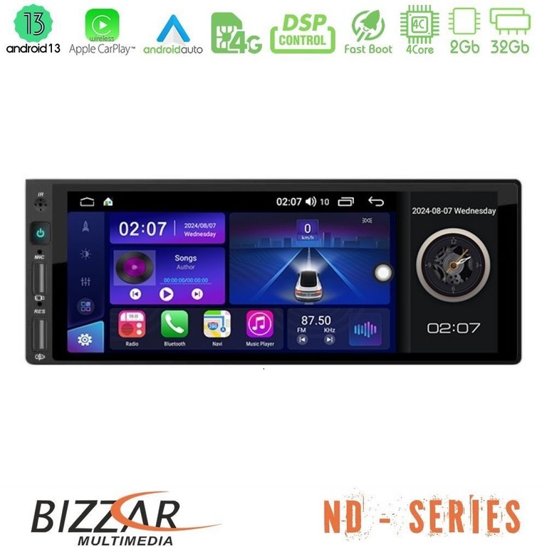 BIZZAR U-LF845 1Din 4Core Android 13 2+32GB Navigation Multimedia 6.9"