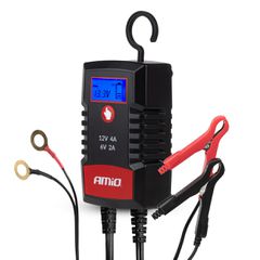 AMIO 04531/AM Φορτιστής Μπαταρίας Ψηφιακός PRO AGM GEL LiFePo4 (LFP) τάση λειτουργίας 6/12V ένταση ρεύματος 4A με γάντζο για Επιβατικά Αυτοκίνητα και Μοτοσυκλέτες - 1 τεμ.