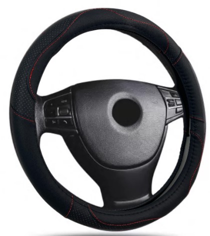 Δερμάτινο κάλυμμα τιμονιού 38 cm - Black - carbon με κόκκινες ραφές - 1 τμχ.