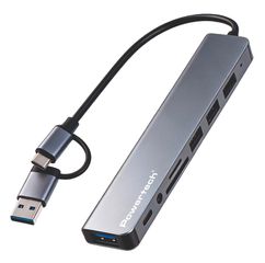 POWERTECH USB hub PTR-0205 με card reader, 8 θυρών, USB & USB-C σύνδεση, γκρι