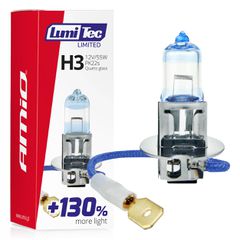 Amio - Λαμπτήρας Αλογόνου LumiTec Limited +130% τύπου H3 12V ισχύος 55W με βάση PK22s και λευκό φως 4300K για ενισχυμένη ορατότητα και μεγαλύτερη δέσμη έως 40m - 1 Τεμ. (02131/AM)