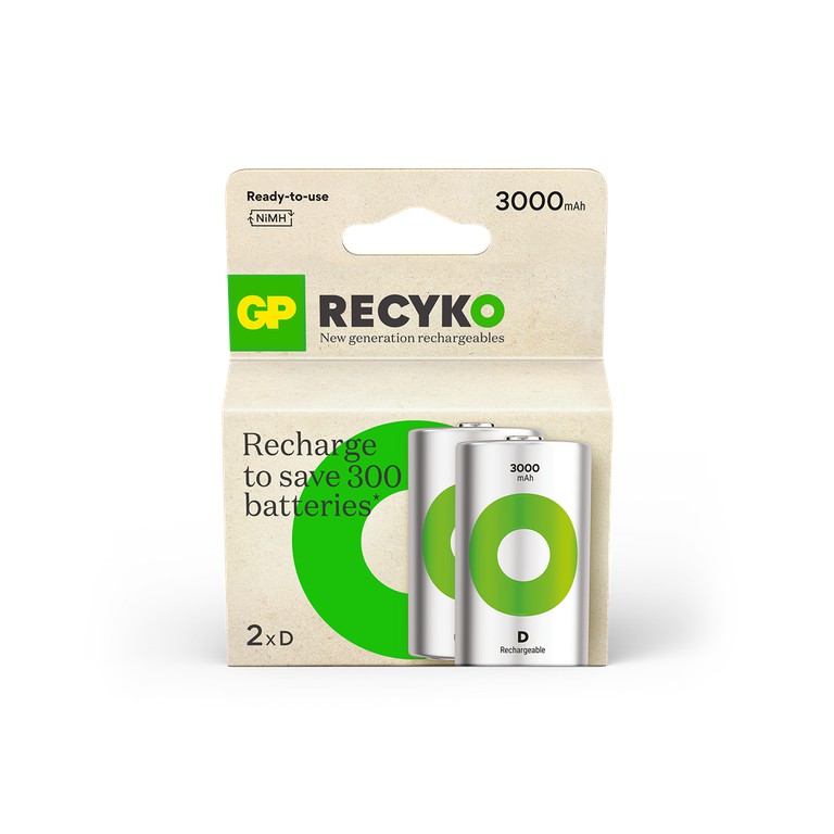 GP - ReCyko Rechargeable Battery, Size D, 3000 mAh, 1.2V (2-pack) / Electronics