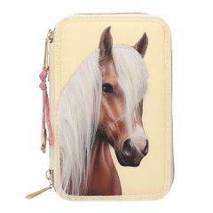 Miss Melody - Triple Pencil Case With Horse Head Application - Light Yellow / Toys