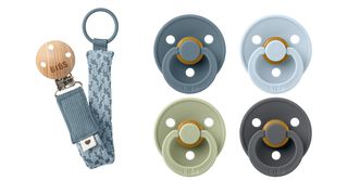 BIBS - Pacifier Colour 4 PACK - Petrol/Sage/Baby Blue/Iron - Size 2 + Pacifier Clip Braided - Petrol/Baby Blue - Onesize (Bundle) / Baby and Children