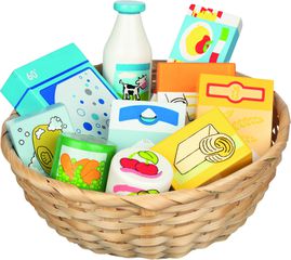 Goki - Toy shop miniatures in a basket, food and household goods / Toys