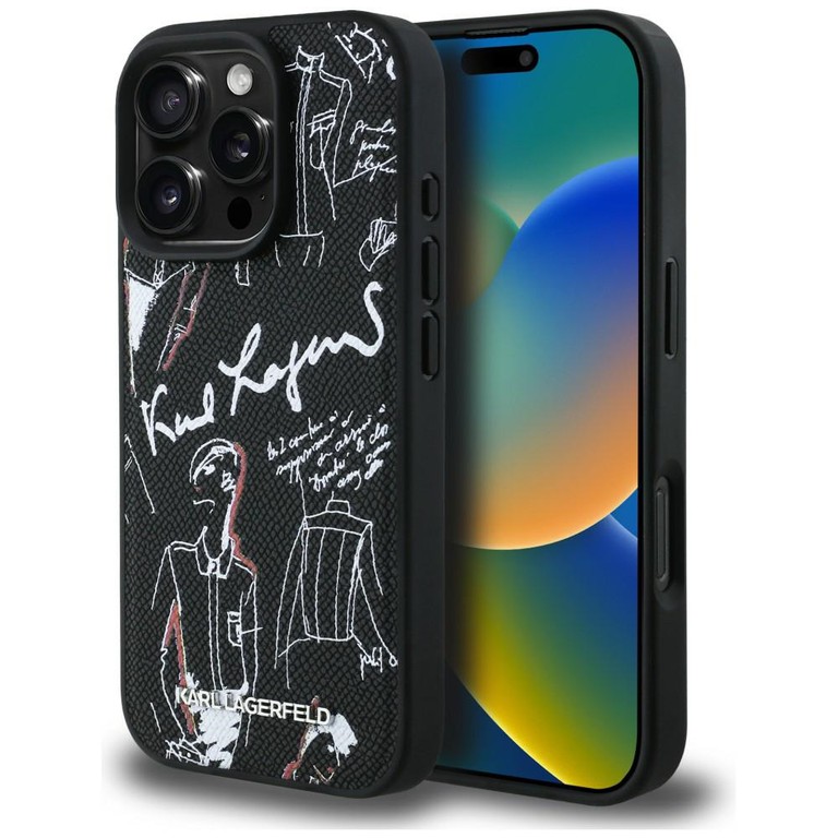 Karl Lagerfeld Grained Pattern & Logo MagSafe Case for iPhone 16 Pro - Black
