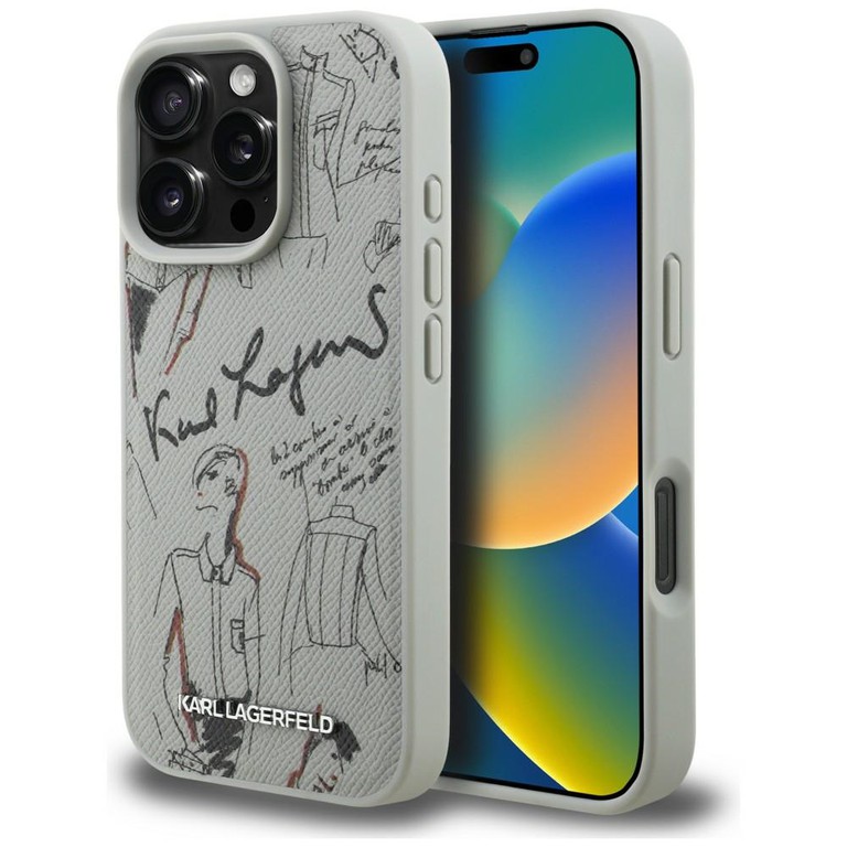 Karl Lagerfeld Grained Pattern & Logo MagSafe Case for iPhone 16 Pro Max - Gray