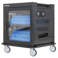 Manhattan Laptop Charging Cart/Trolley via AC Adapter (EU) 32-bay, Install device's AC Adapter (power cables) into unit, Suitable for ALL laptops (to 15.6"), iPads, MacBooks, Chromebooks, other USB-C