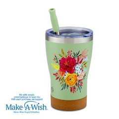 Θερμός ποτήρι με ανοξείδωτο καλαμάκι "We Care", Green Floral 400ml