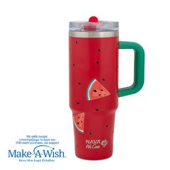 Θερμός tumbler ανοξείδωτο με πλαστικό καλαμάκι "We Care", Watermelon 900ml