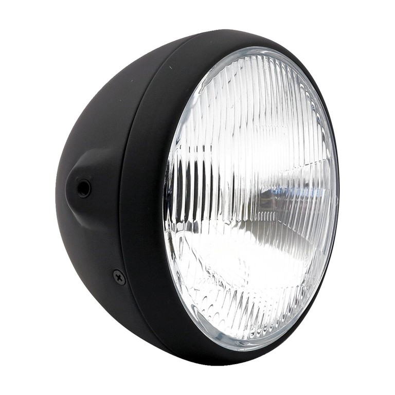 MCS British style 7″ H4 headlamp. side mount. Black