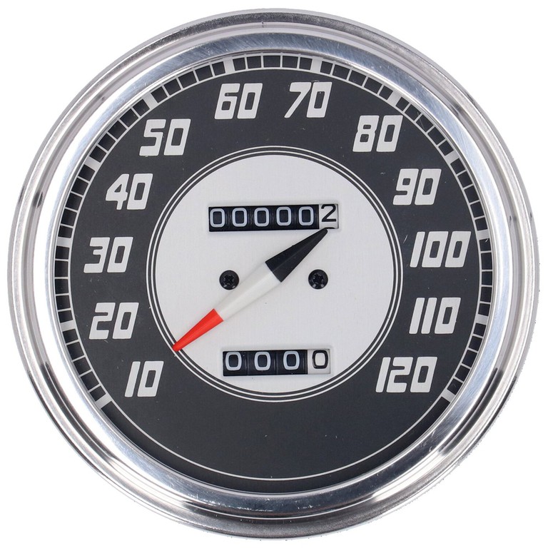 MCS FL speedometer, ’46-47 face’, silver/black. 2.24:1 mph